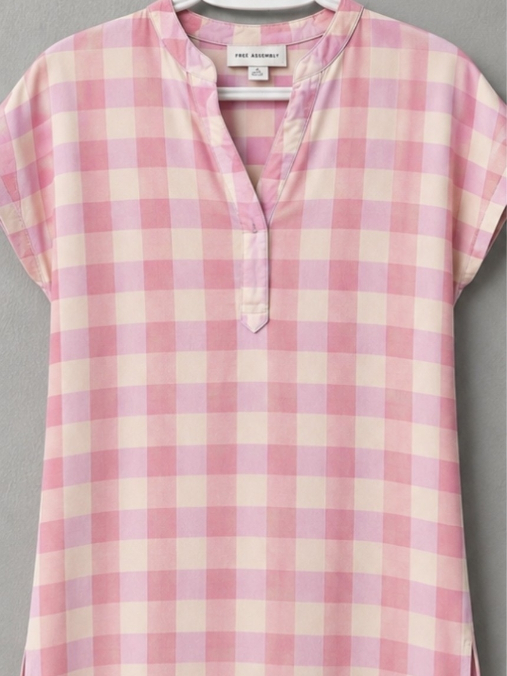 Free Assembly Pink Gingham Split V-Neck Tunic